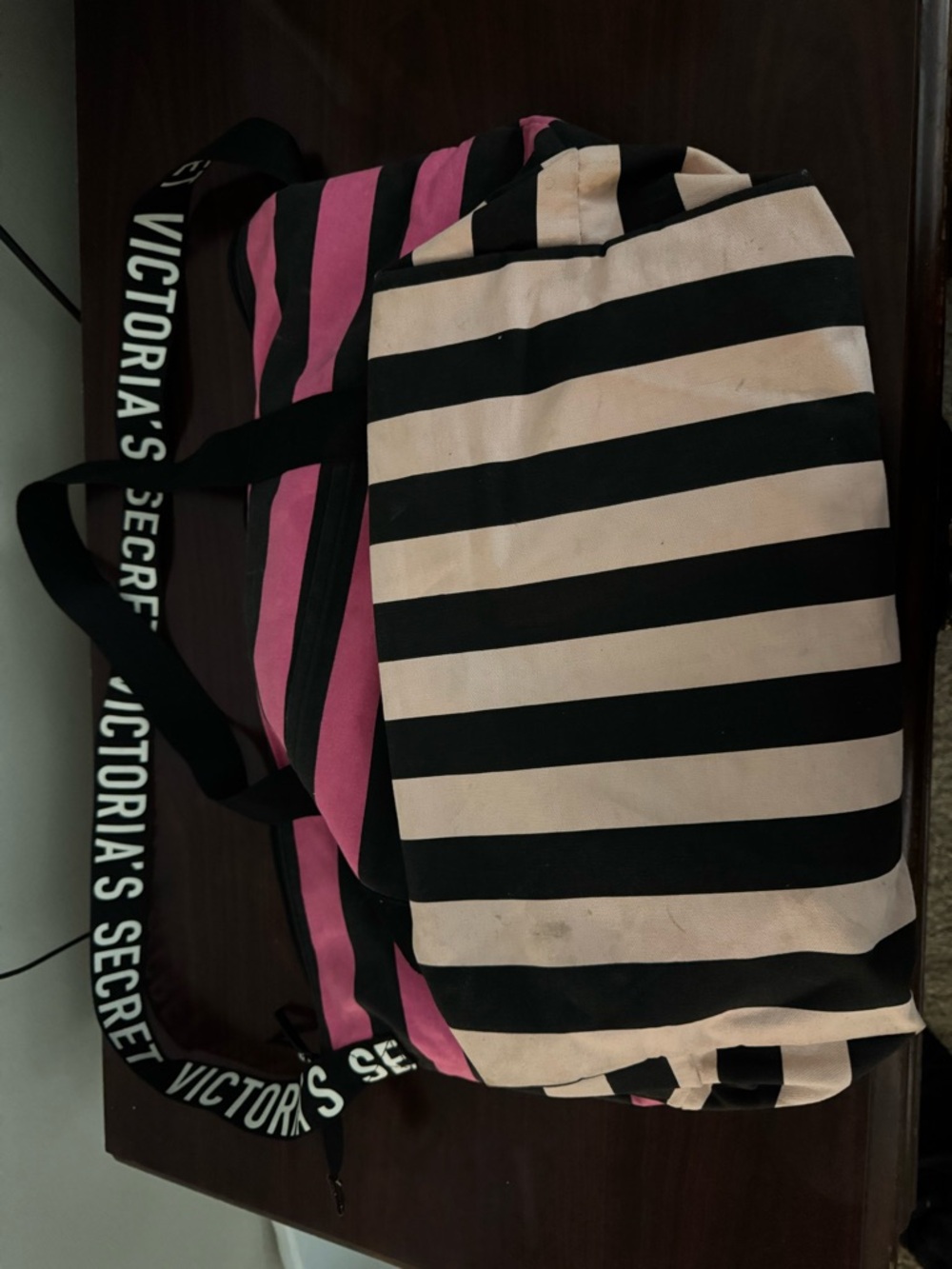 Victoria's Secret Black & Pink Striped Duffel